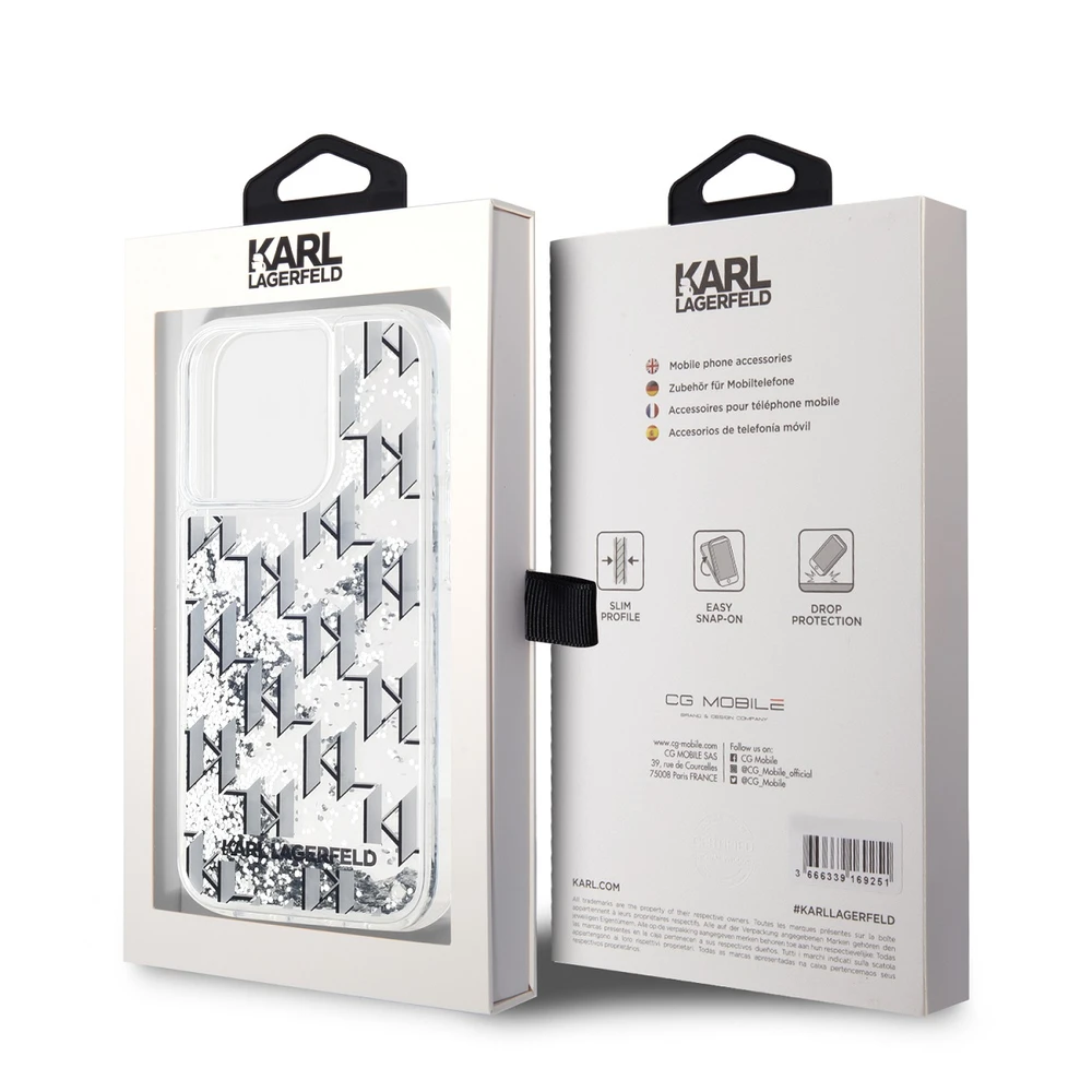 Karl Lagerfeld Liquid Glitter Monogram Gradient dėklas telefonui Apple iPhone 15 Pro Max baltos spalvos