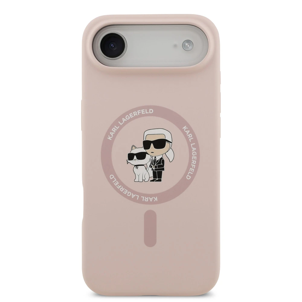 Karl Lagerfeld Liquid Silicone Karl and Choupette MagSafe dėklas, skirtas iPhone 17 Air, rožinės spalvos