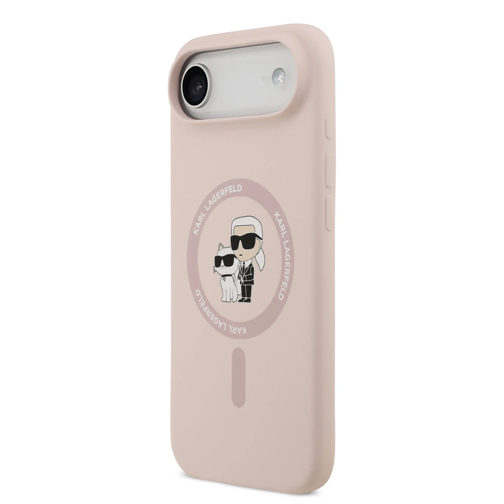 Karl Lagerfeld Liquid Silicone Karl and Choupette MagSafe dėklas, skirtas iPhone 17 Air, rožinės spalvos