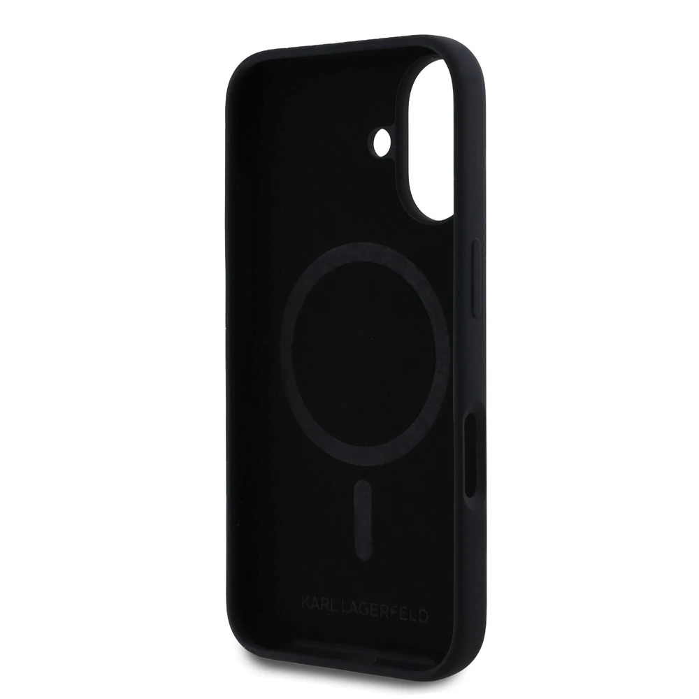 Karl Lagerfeld dėklas skirtas Apple iPhone 16 compatible with MagSafe KLHMP16SSCMKCRHK (Silicone KC Body Ring) juodos spalvos