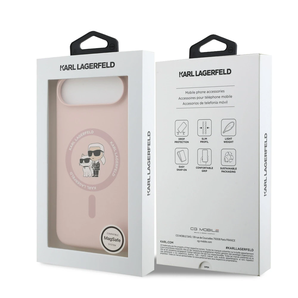 Karl Lagerfeld Liquid Silicone Karl and Choupette MagSafe dėklas, skirtas iPhone 17 Air, rožinės spalvos