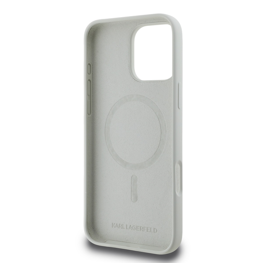 Dėklas Karl Lagerfeld Liquid silikoninis K&CH Heads MagSafe Apple iPhone 16 Pro rusvai gelsvas