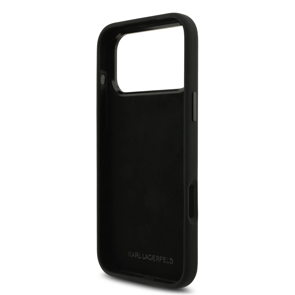 Karl Lagerfeld Liquid Silicone Metal Ikonik dėklas skirtas Apple iPhone 17 Pro Max juodos spalvos