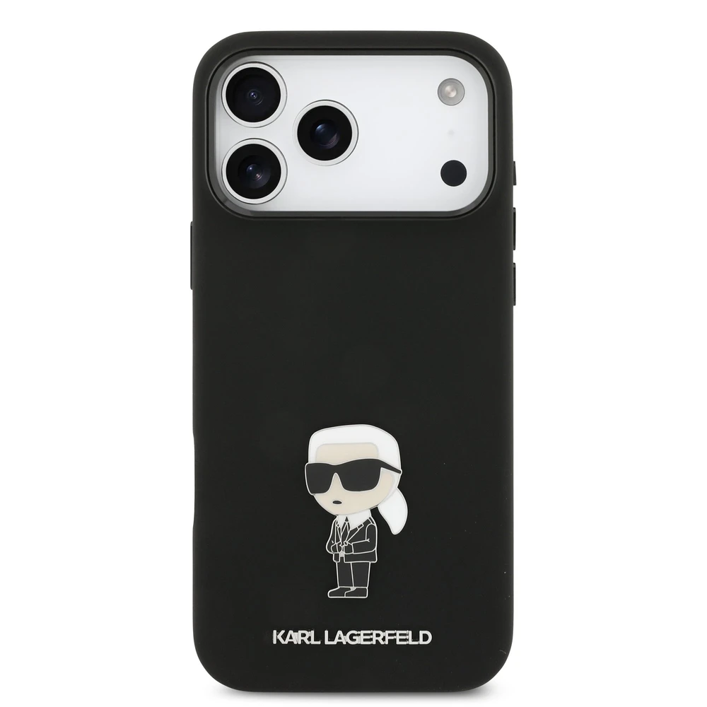 Karl Lagerfeld Liquid Silicone Metal Ikonik dėklas skirtas Apple iPhone 17 Pro Max juodos spalvos