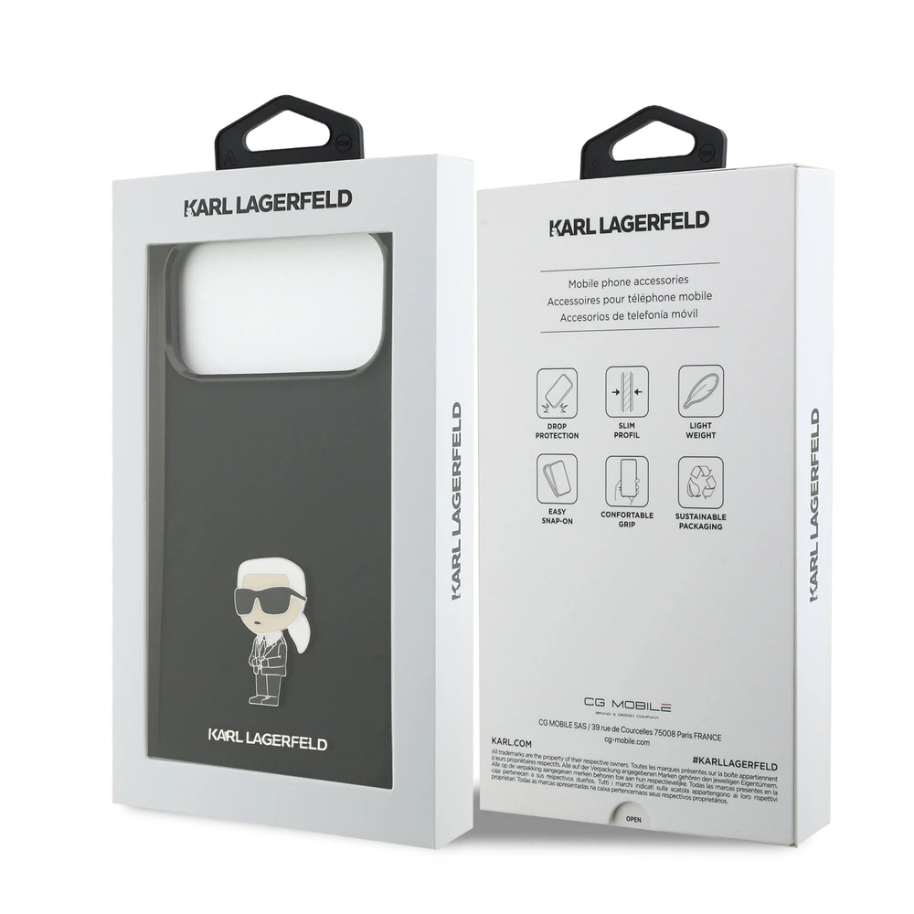 Karl Lagerfeld Liquid Silicone Metal Ikonik dėklas skirtas Apple iPhone 17 Pro Max juodos spalvos