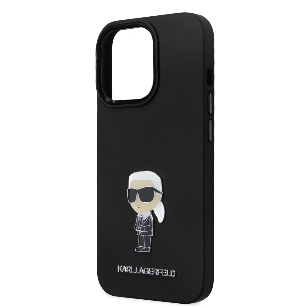 Dėklas Karl Lagerfeld KLHCP15LSMHKNPK Apple iPhone 15 Pro 6.1″ juodos spalvos Silicone Ikonik Metal Pin