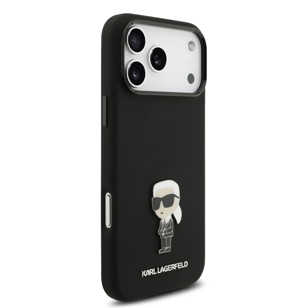 Karl Lagerfeld Liquid Silicone Metal Ikonik dėklas skirtas Apple iPhone 17 Pro Max juodos spalvos
