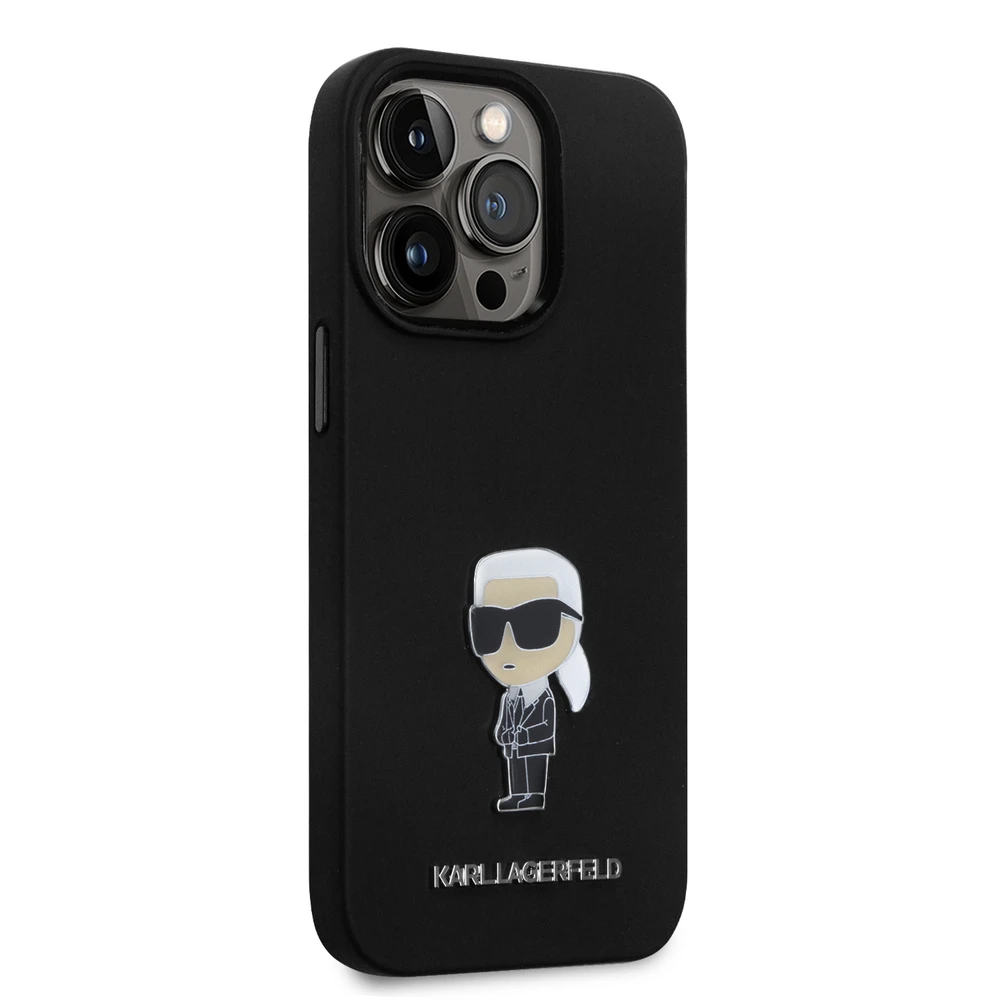 Dėklas Karl Lagerfeld KLHCP15LSMHKNPK Apple iPhone 15 Pro 6.1″ juodos spalvos Silicone Ikonik Metal Pin