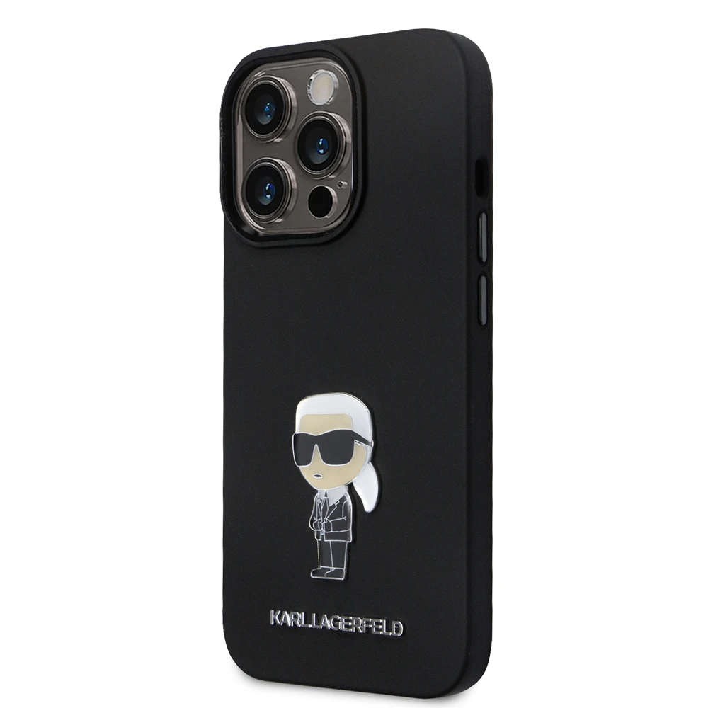 Dėklas Karl Lagerfeld KLHCP15LSMHKNPK Apple iPhone 15 Pro 6.1″ juodos spalvos Silicone Ikonik Metal Pin