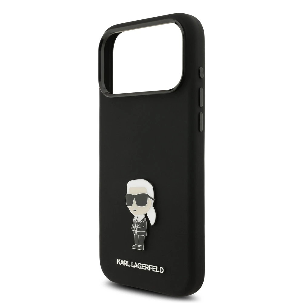 Karl Lagerfeld Liquid Silicone Metal Ikonik dėklas skirtas Apple iPhone 17 Pro Max juodos spalvos
