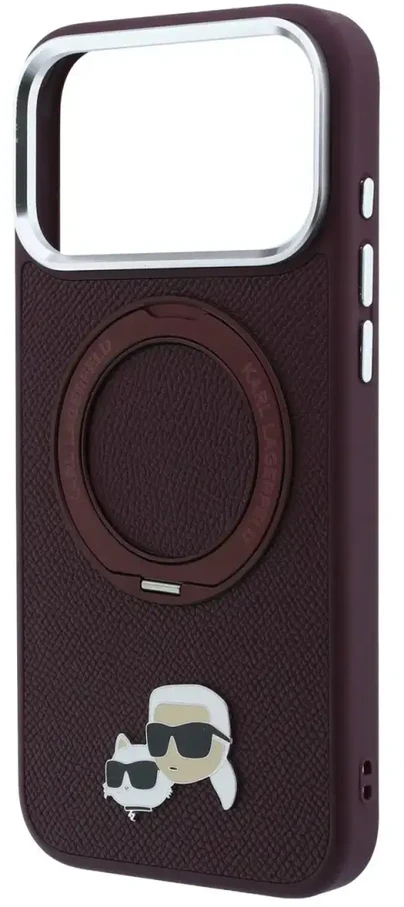 Dėklas Karl Lagerfeld with Ring Stand 360 Karl & Choupette Heads Pin MagSafe do iPhone 18 Pro Max / 17 Pro Max bordo spalvos