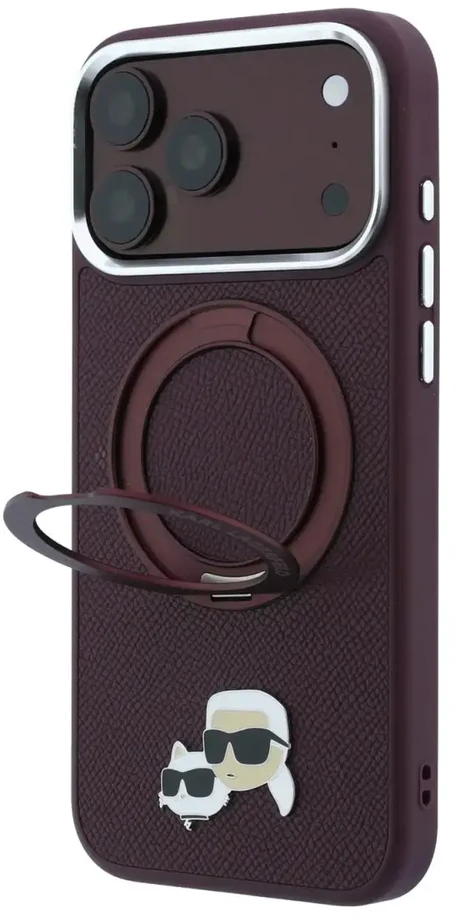 Dėklas Karl Lagerfeld with Ring Stand 360 Karl & Choupette Heads Pin MagSafe do iPhone 18 Pro Max / 17 Pro Max bordo spalvos