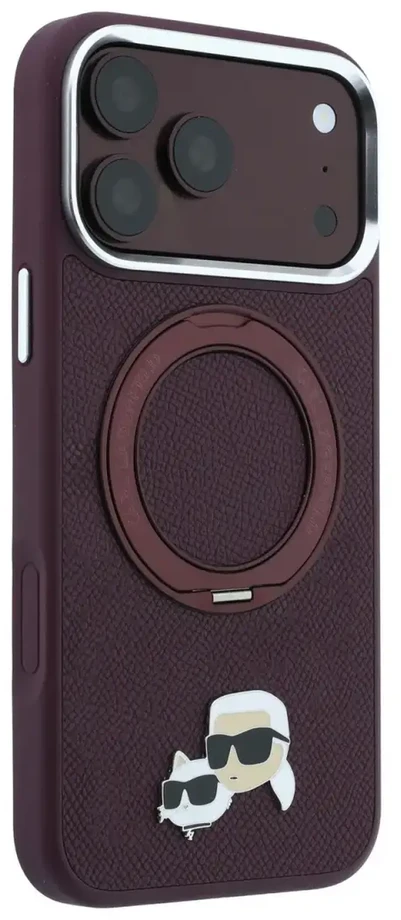 Dėklas Karl Lagerfeld with Ring Stand 360 Karl & Choupette Heads Pin MagSafe do iPhone 18 Pro Max / 17 Pro Max bordo spalvos