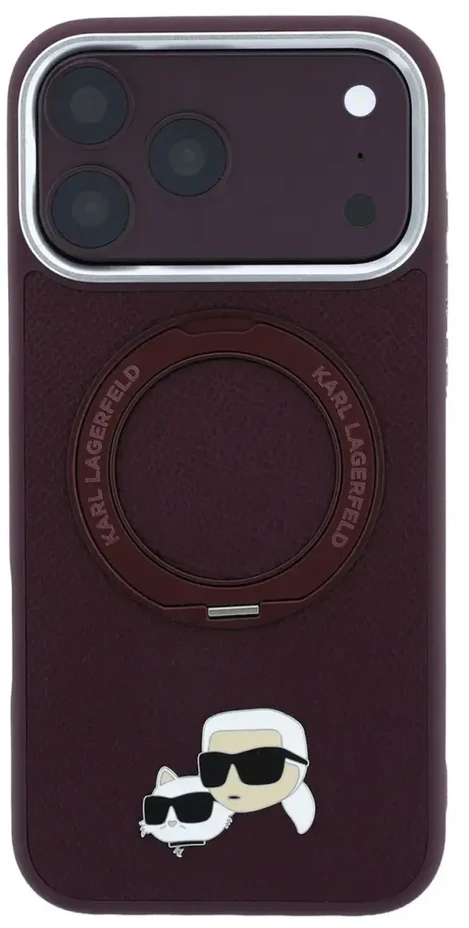 Dėklas Karl Lagerfeld with Ring Stand 360 Karl & Choupette Heads Pin MagSafe do iPhone 18 Pro Max / 17 Pro Max bordo spalvos