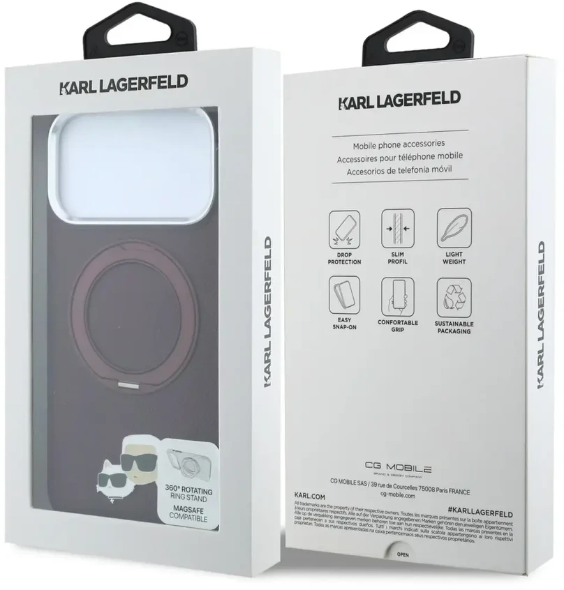 Dėklas Karl Lagerfeld with Ring Stand 360 Karl & Choupette Heads Pin MagSafe do iPhone 18 Pro Max / 17 Pro Max bordo spalvos