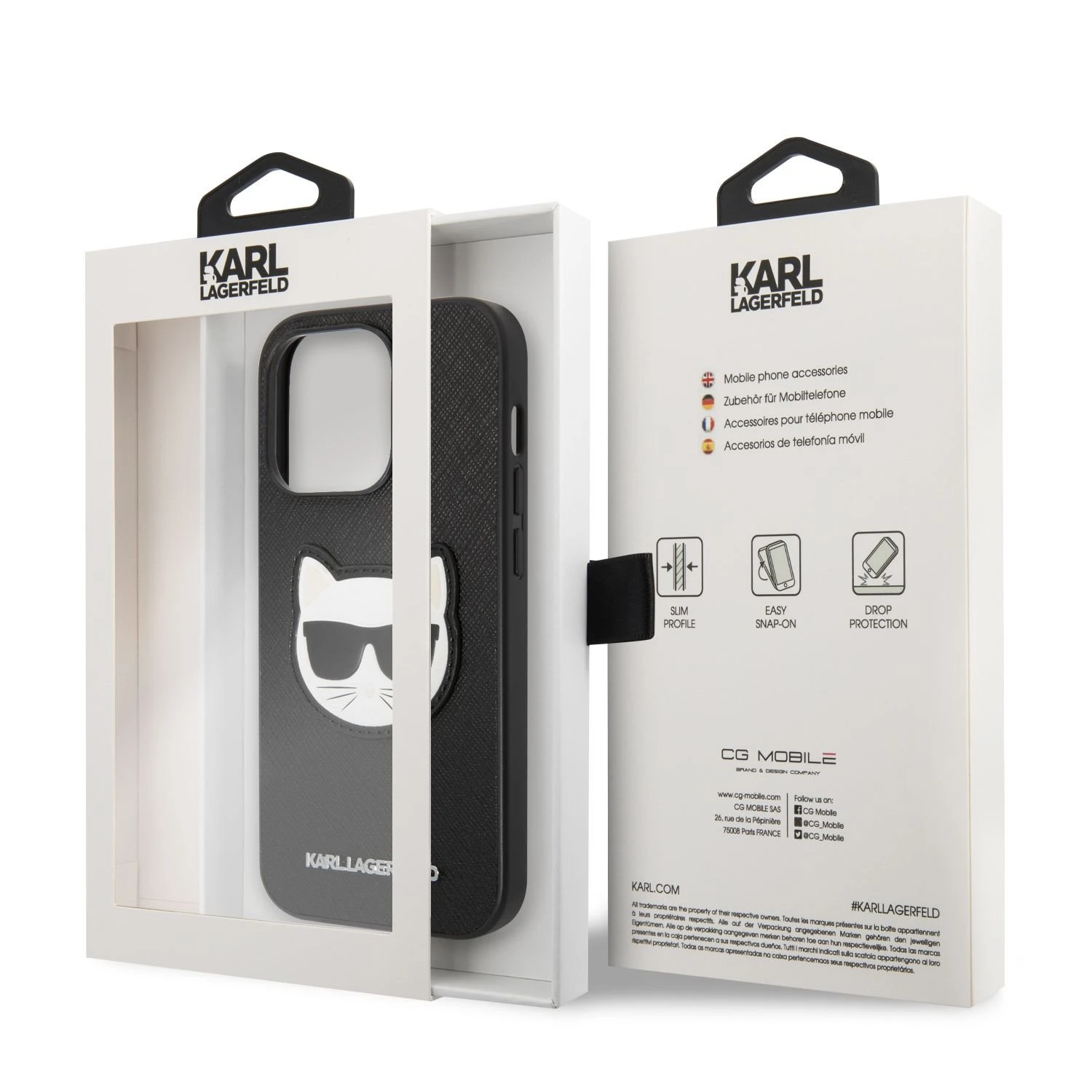 Apple iPhone 14 Pro Max Karl Lagerfeld dėklas Saffiano Choupette Head Patch juodos spalvos