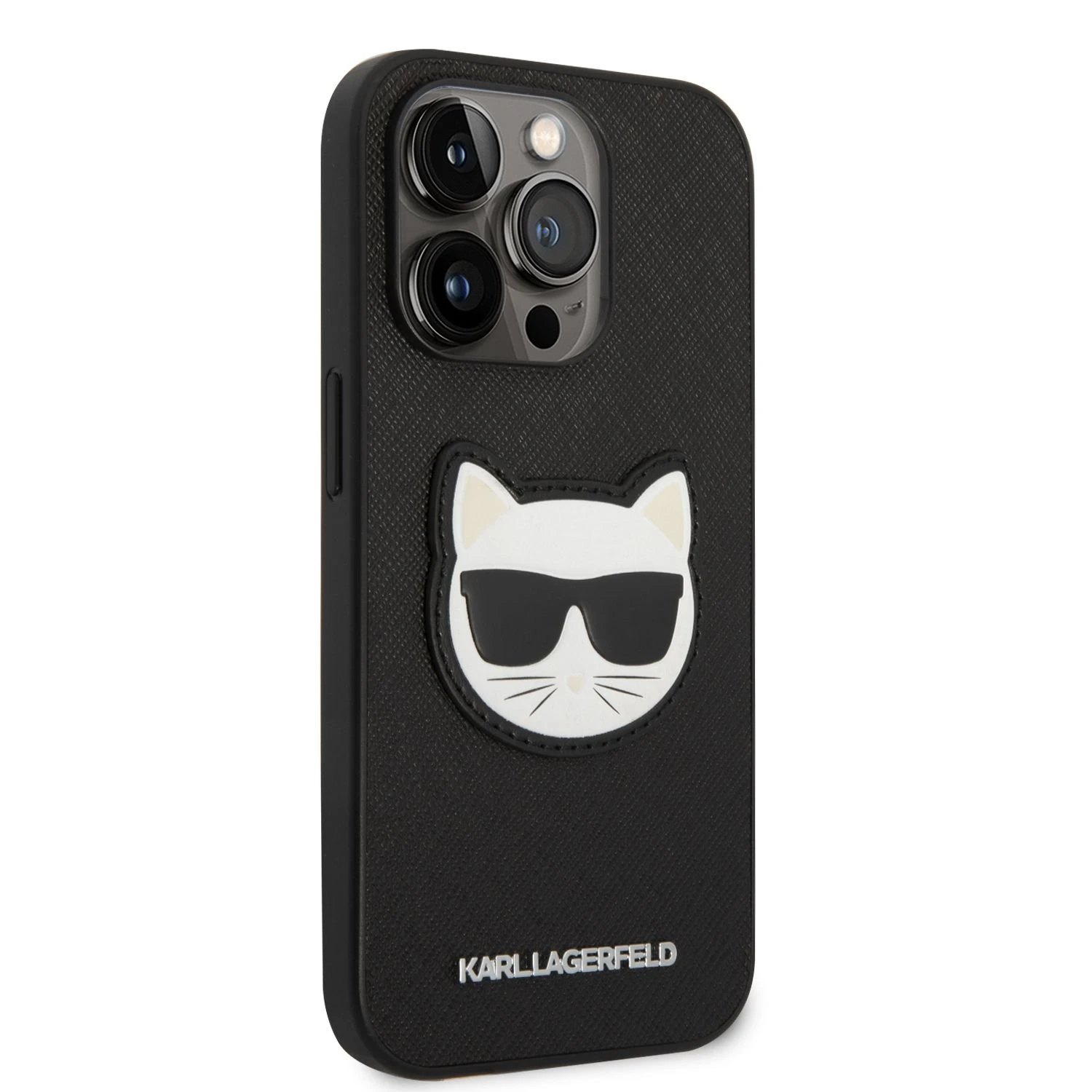 Apple iPhone 14 Pro Max Karl Lagerfeld dėklas Saffiano Choupette Head Patch juodos spalvos
