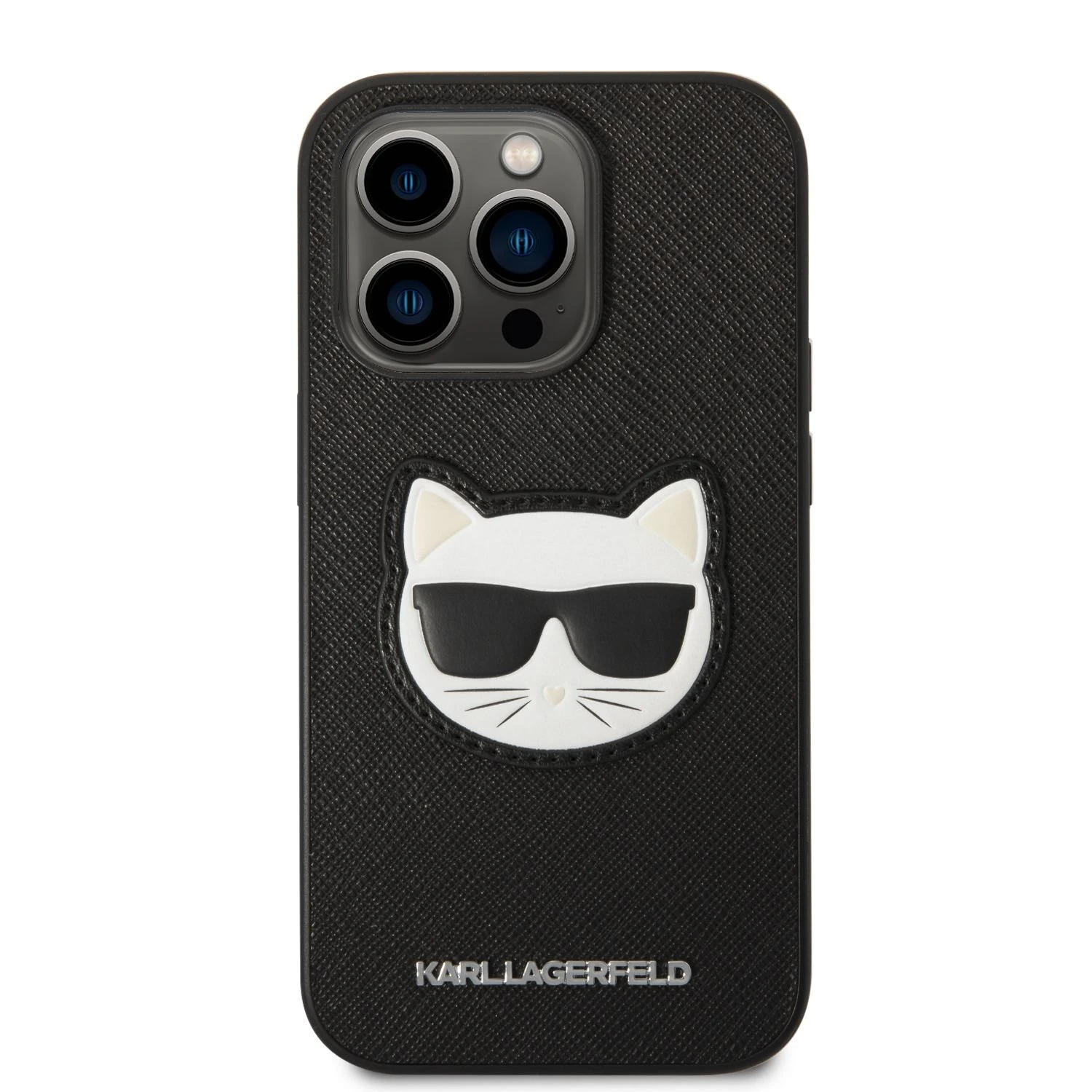 Apple iPhone 14 Pro Max Karl Lagerfeld dėklas Saffiano Choupette Head Patch juodos spalvos
