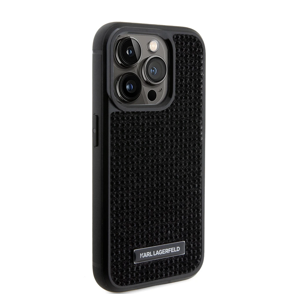 Karl Lagerfeld dėklas, skirtas iPhone 15 Pro 6,1 KLHCP15LHDSPLK juodos spalvos kietas dėklas , skirtas Rhinestone Logo Metal Plate