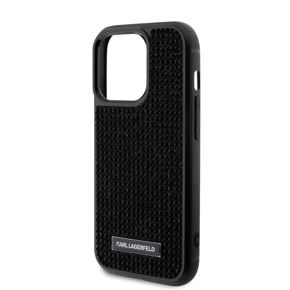 Karl Lagerfeld dėklas, skirtas iPhone 15 Pro 6,1 KLHCP15LHDSPLK juodos spalvos kietas dėklas , skirtas Rhinestone Logo Metal Plate