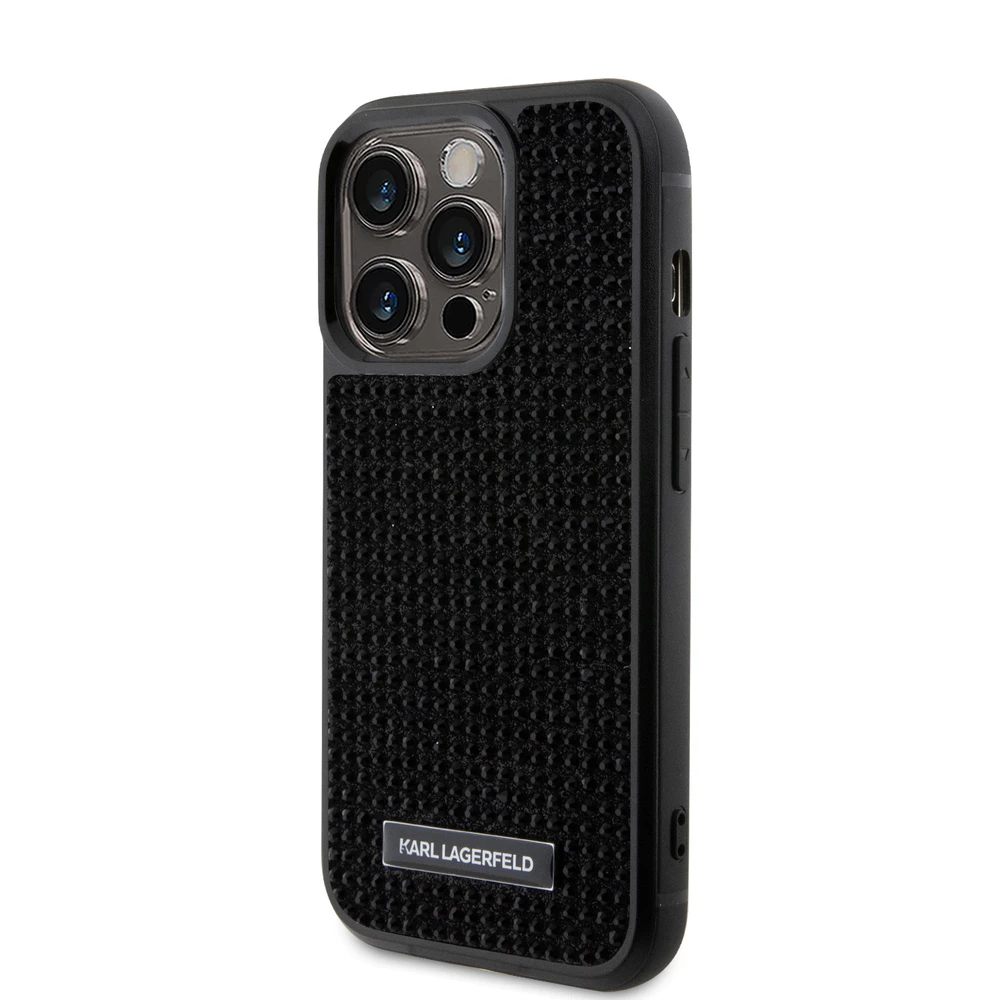 Karl Lagerfeld dėklas, skirtas iPhone 15 Pro 6,1 KLHCP15LHDSPLK juodos spalvos kietas dėklas , skirtas Rhinestone Logo Metal Plate