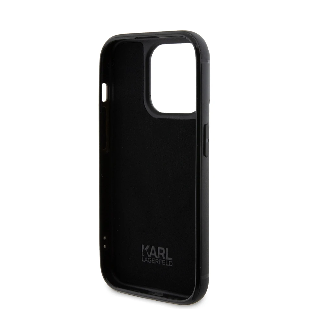 Karl Lagerfeld dėklas, skirtas iPhone 15 Pro 6,1 KLHCP15LHDSPLK juodos spalvos kietas dėklas , skirtas Rhinestone Logo Metal Plate