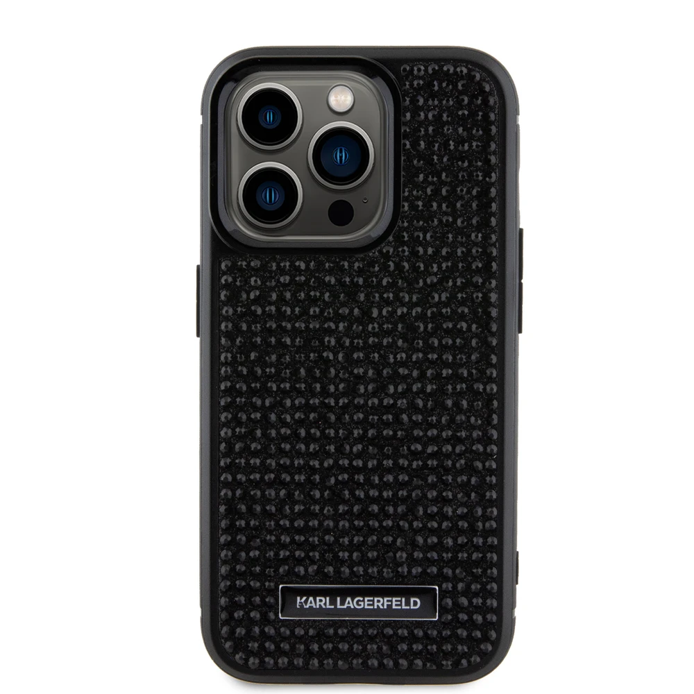 Karl Lagerfeld dėklas, skirtas iPhone 15 Pro 6,1 KLHCP15LHDSPLK juodos spalvos kietas dėklas , skirtas Rhinestone Logo Metal Plate