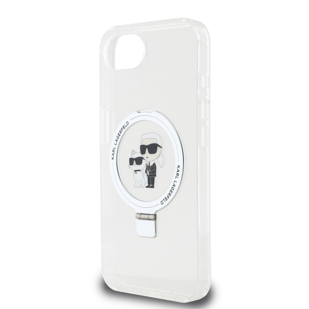 Karl Lagerfeld Ringstand Karl and Choupette MagSafe dėklas skirtas Apple iPhone 16e baltos spalvos