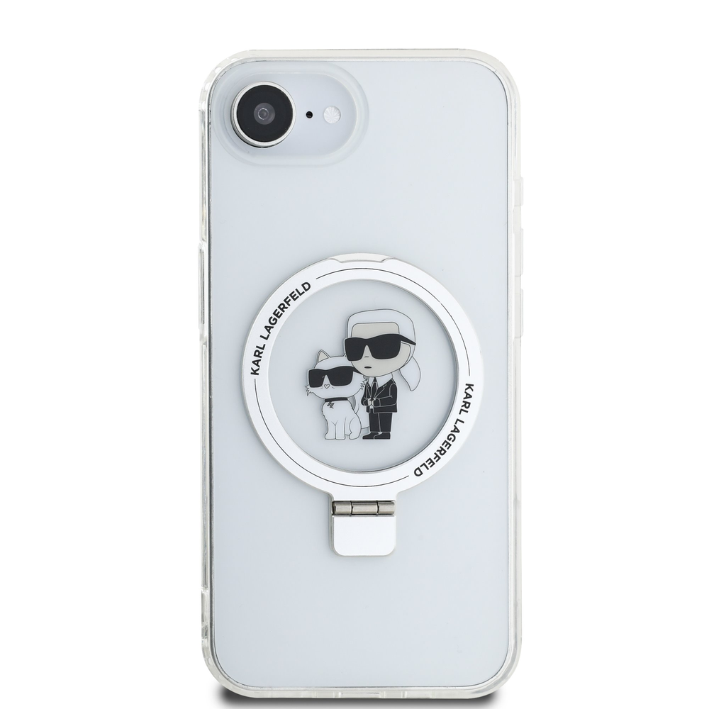 Karl Lagerfeld Ringstand Karl and Choupette MagSafe dėklas skirtas Apple iPhone 16e baltos spalvos