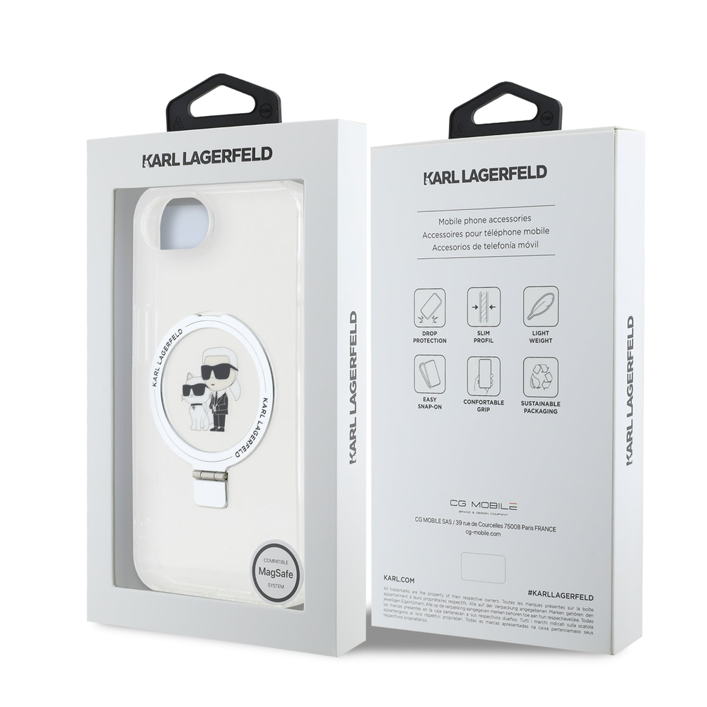 Karl Lagerfeld Ringstand Karl and Choupette MagSafe dėklas skirtas Apple iPhone 16e baltos spalvos