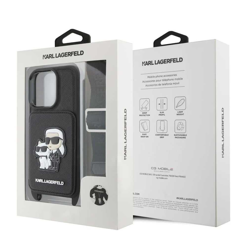 Karl Lagerfeld Saffiano Crossbody Strap Karl and Choupette Apple iPhone 16 Pro dėklas telefonui juodos spalvos