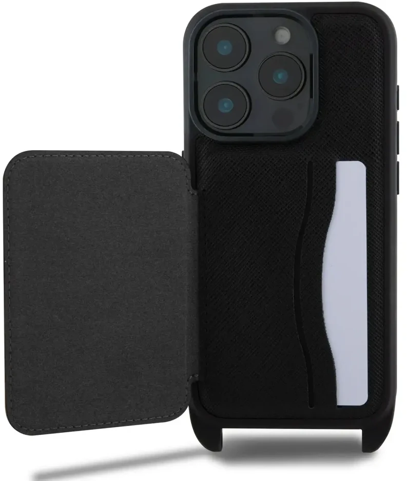 Karl Lagerfeld Saffiano kryžminė rankena Karl and Choupette dėklas iPhone 16 Pro juodas