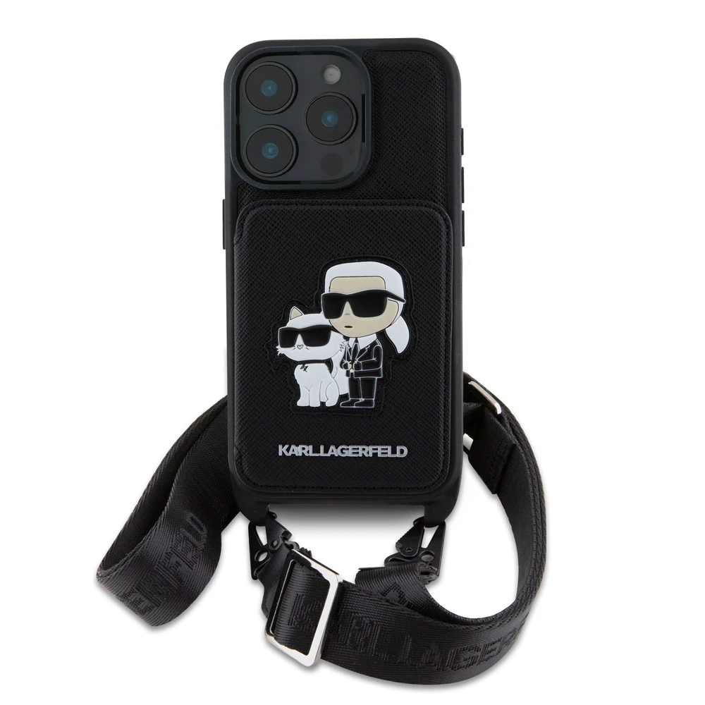 Karl Lagerfeld Saffiano Crossbody Strap Karl and Choupette Apple iPhone 16 Pro dėklas telefonui juodos spalvos