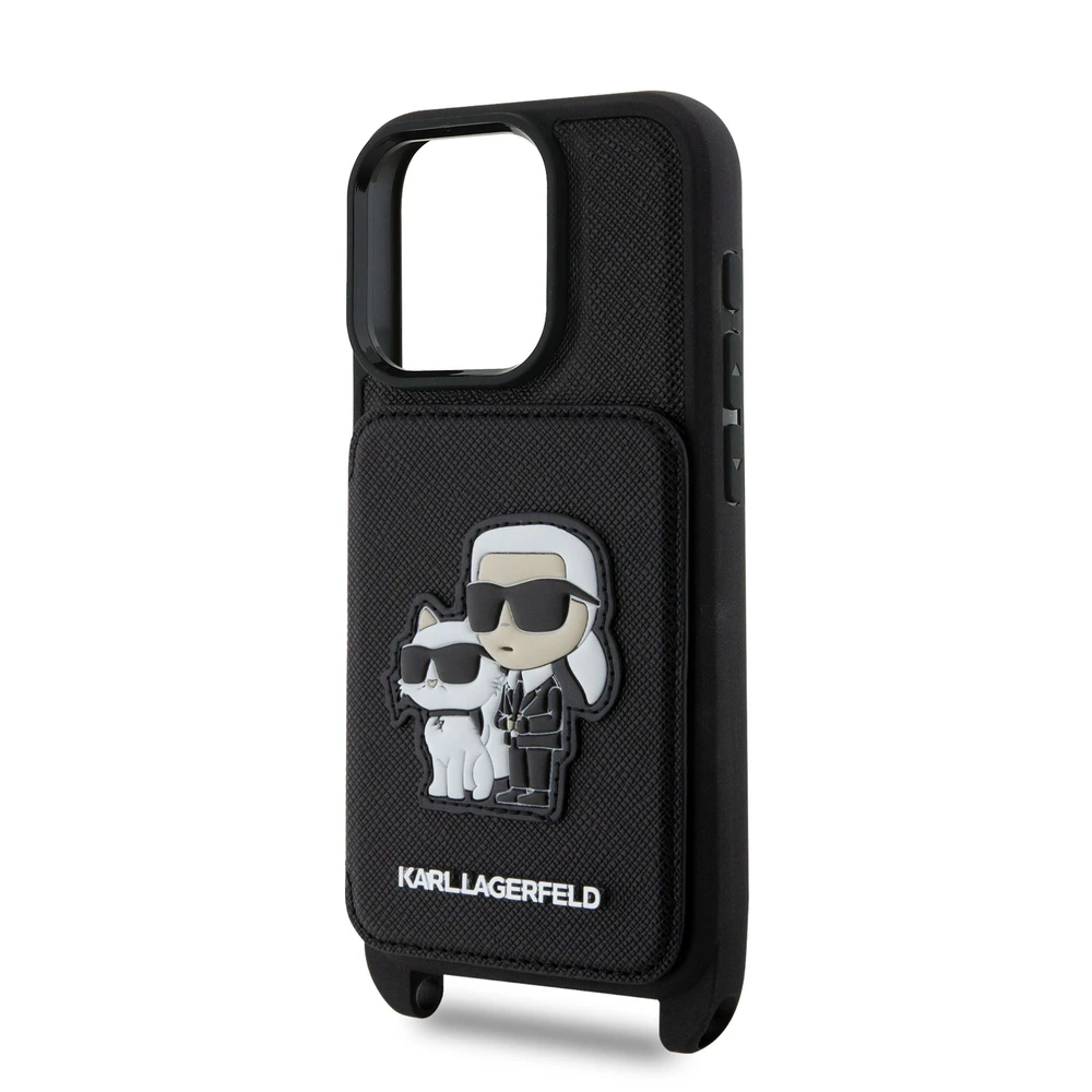 Karl Lagerfeld Saffiano Crossbody Strap Karl and Choupette Apple iPhone 16 Pro dėklas telefonui juodos spalvos
