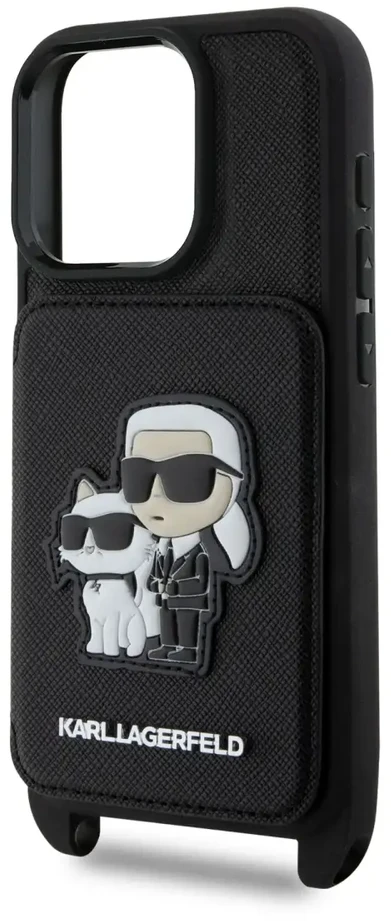 Karl Lagerfeld Saffiano kryžminė rankena Karl and Choupette dėklas iPhone 16 Pro juodas