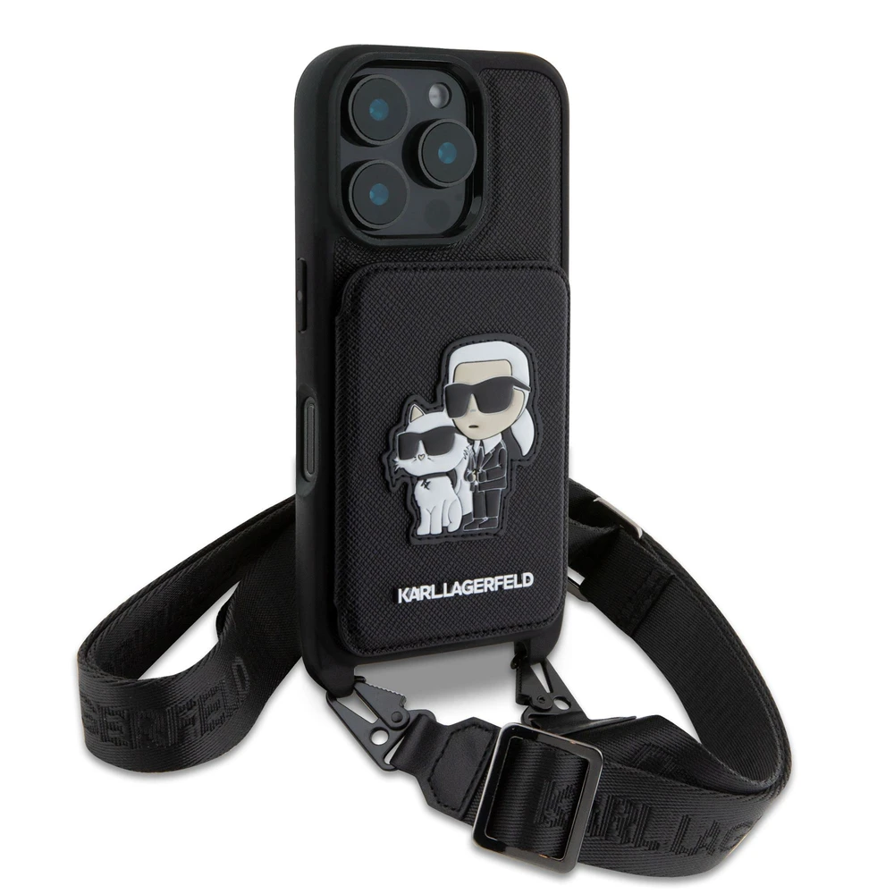 Karl Lagerfeld Saffiano Crossbody Strap Karl and Choupette Apple iPhone 16 Pro dėklas telefonui juodos spalvos