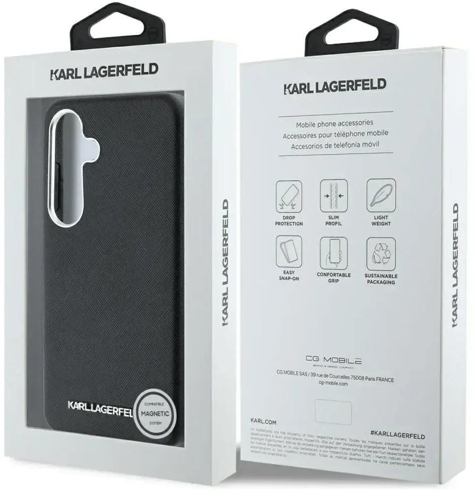 Karl Lagerfeld Saffiano Full Wrapped Elongated Metal Logo MagSafe Samsung Galaxy S25 Plus dėklas telefonui juodos spalvos