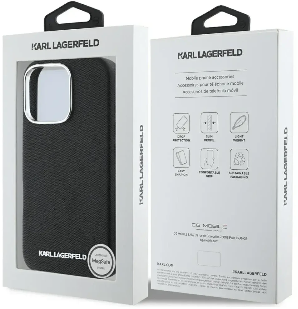 Dėklas Karl Lagerfeld Saffiano Full Wrapped Elongated Metal Logo MagSafe Apple iPhone 16 Pro juodos spalvos