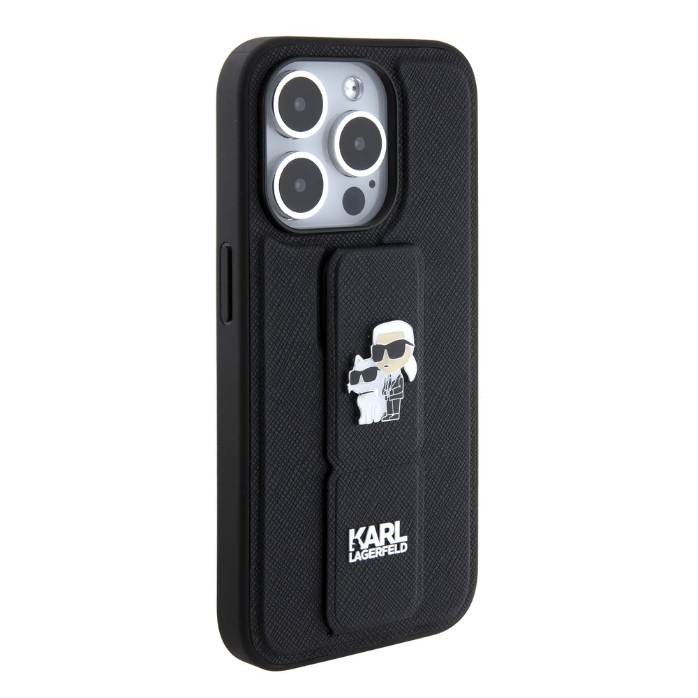 Dėklas Karl Lagerfeld KLHCP15XGSAKCPK IPHONE 15 PRO MAX 6.7 "Juodas/Juodas HARDCASE GRIPSTAND SAFFIANO KARL & CHOUPETTE PINS