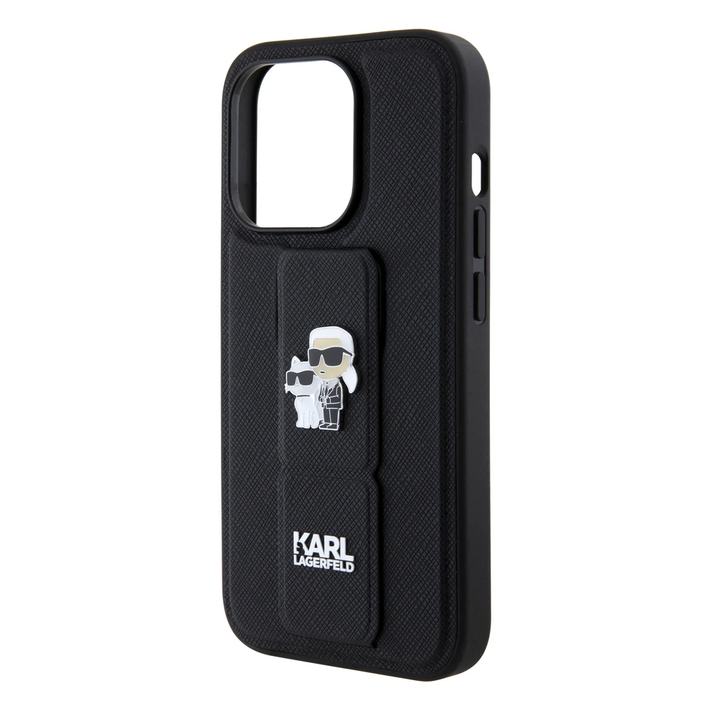 Dėklas Karl Lagerfeld KLHCP15XGSAKCPK IPHONE 15 PRO MAX 6.7 "Juodas/Juodas HARDCASE GRIPSTAND SAFFIANO KARL & CHOUPETTE PINS
