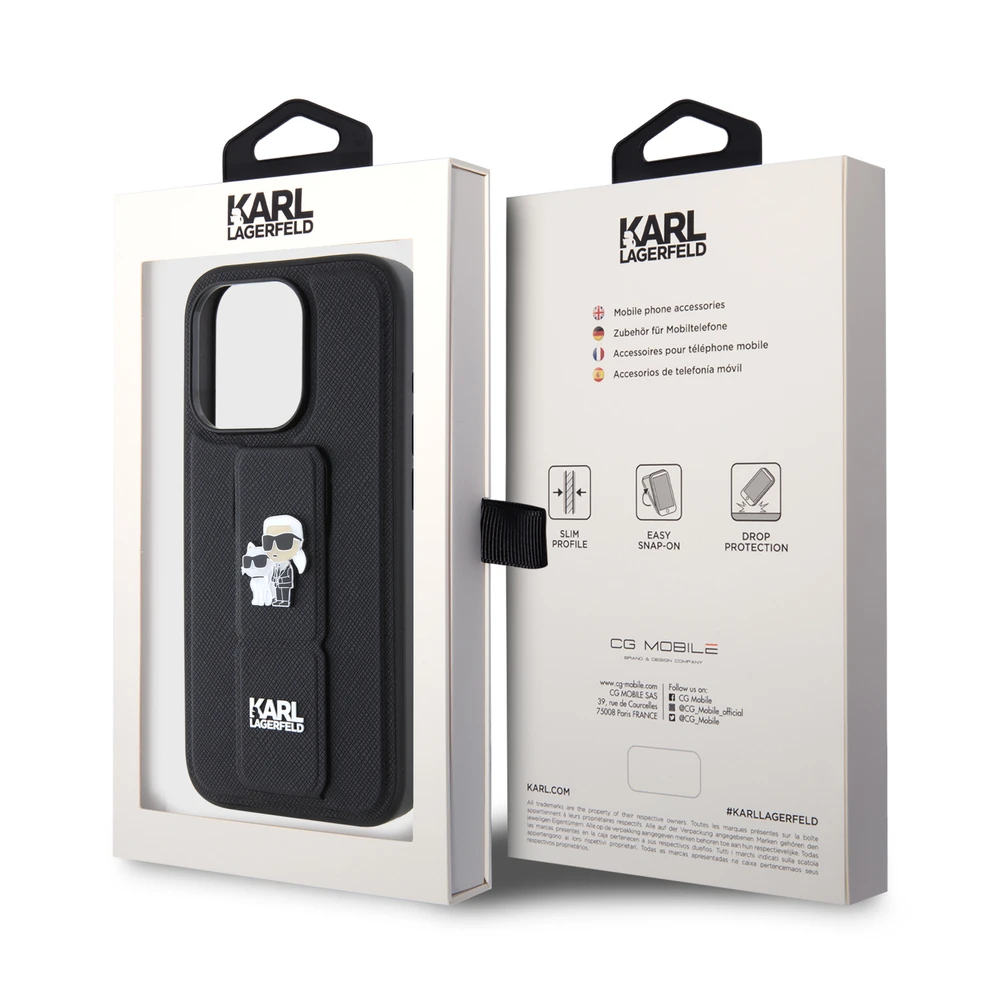 Dėklas Karl Lagerfeld KLHCP15XGSAKCPK IPHONE 15 PRO MAX 6.7 "Juodas/Juodas HARDCASE GRIPSTAND SAFFIANO KARL & CHOUPETTE PINS