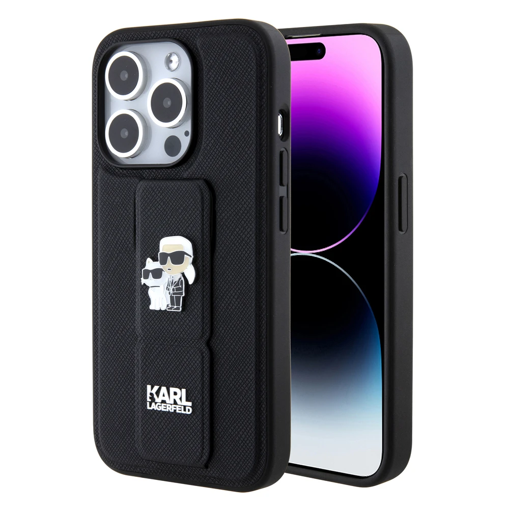 Dėklas Karl Lagerfeld KLHCP15XGSAKCPK IPHONE 15 PRO MAX 6.7 "Juodas/Juodas HARDCASE GRIPSTAND SAFFIANO KARL & CHOUPETTE PINS