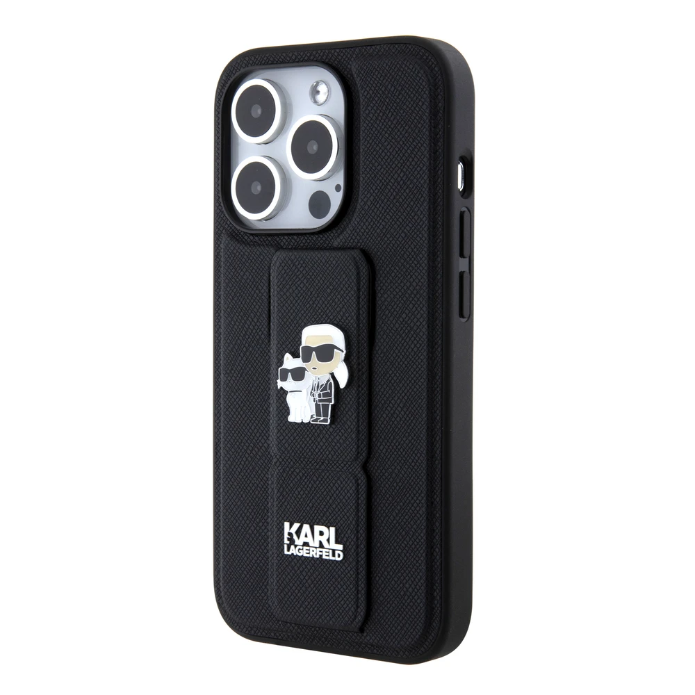 Dėklas Karl Lagerfeld KLHCP15XGSAKCPK IPHONE 15 PRO MAX 6.7 "Juodas/Juodas HARDCASE GRIPSTAND SAFFIANO KARL & CHOUPETTE PINS