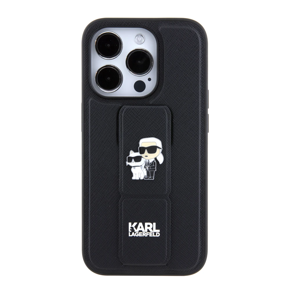 Dėklas Karl Lagerfeld KLHCP15XGSAKCPK IPHONE 15 PRO MAX 6.7 "Juodas/Juodas HARDCASE GRIPSTAND SAFFIANO KARL & CHOUPETTE PINS