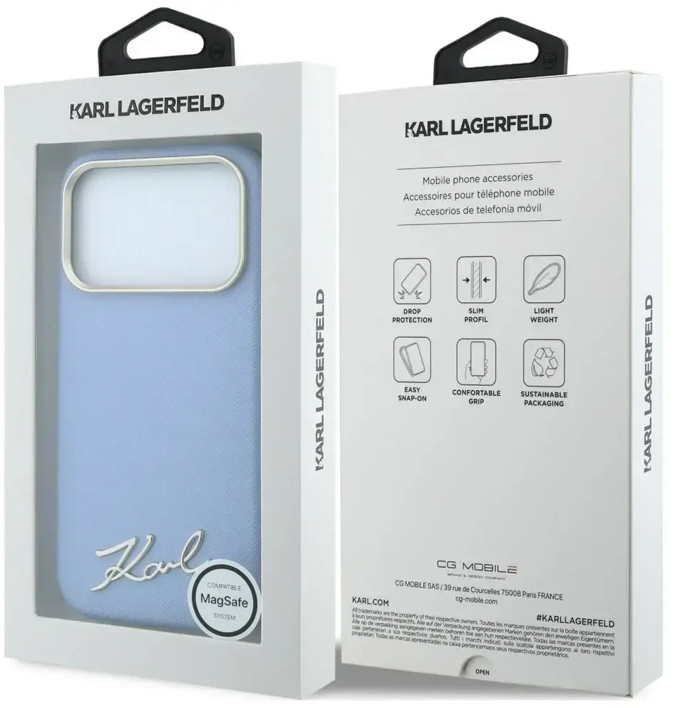 Dėklas Karl Lagerfeld Saffiano Small Script Metal Logo MagSafe Case for iPhone 17 Pro / 18 Pro - Light Mėlyna