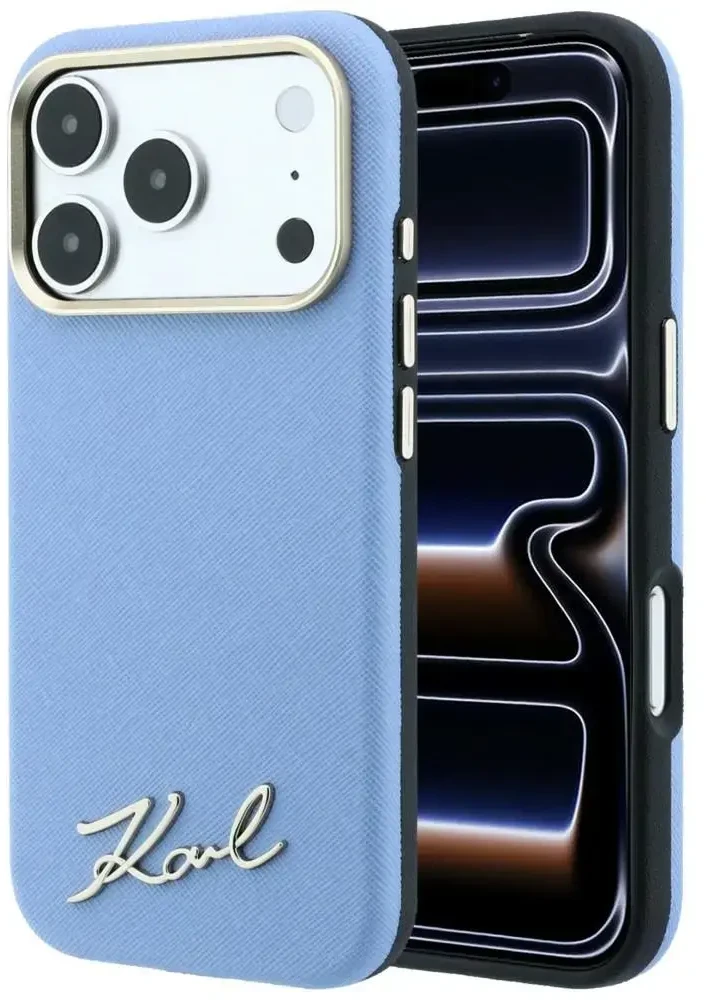 Dėklas Karl Lagerfeld Saffiano Small Script Metal Logo MagSafe Case for iPhone 17 Pro / 18 Pro - Light Mėlyna