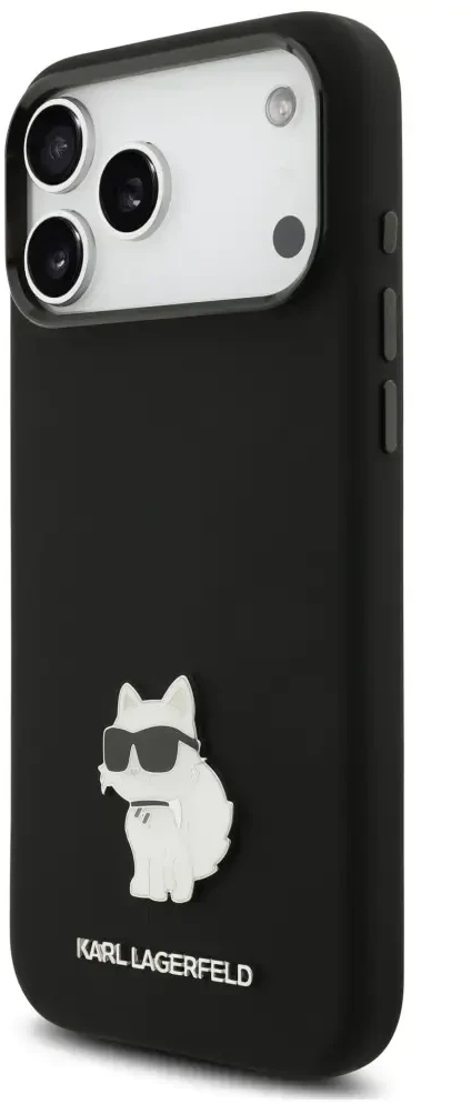 Dėklas Karl Lagerfeld Silicone Choupette Metal Pin iPhone 18 Pro Max / 17 Pro Max juoda