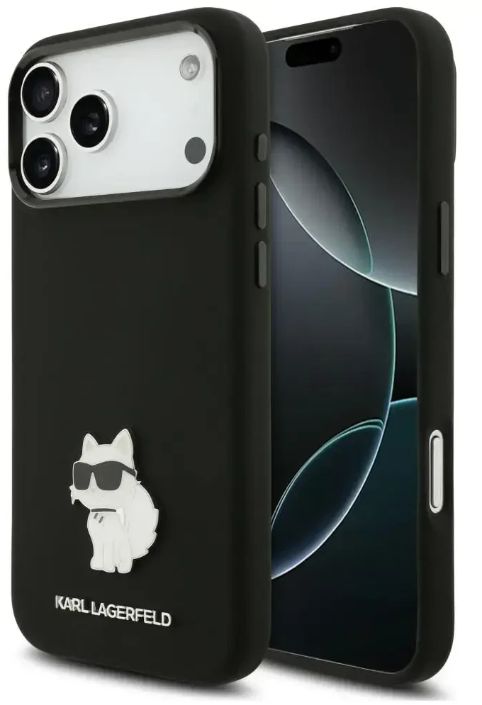 Dėklas Karl Lagerfeld Silicone Choupette Metal Pin iPhone 18 Pro Max / 17 Pro Max juoda