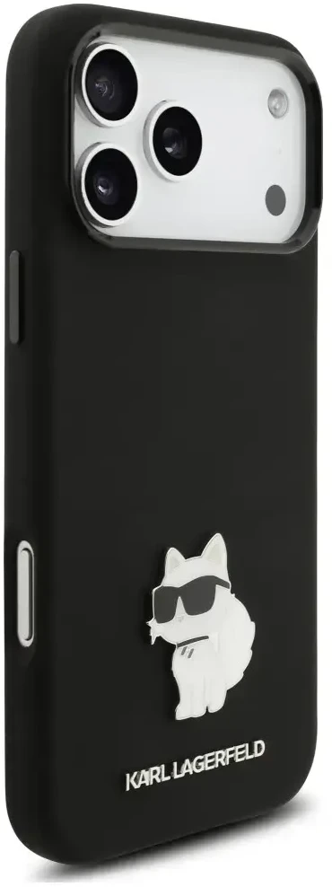 Dėklas Karl Lagerfeld Silicone Choupette Metal Pin iPhone 18 Pro Max / 17 Pro Max juoda