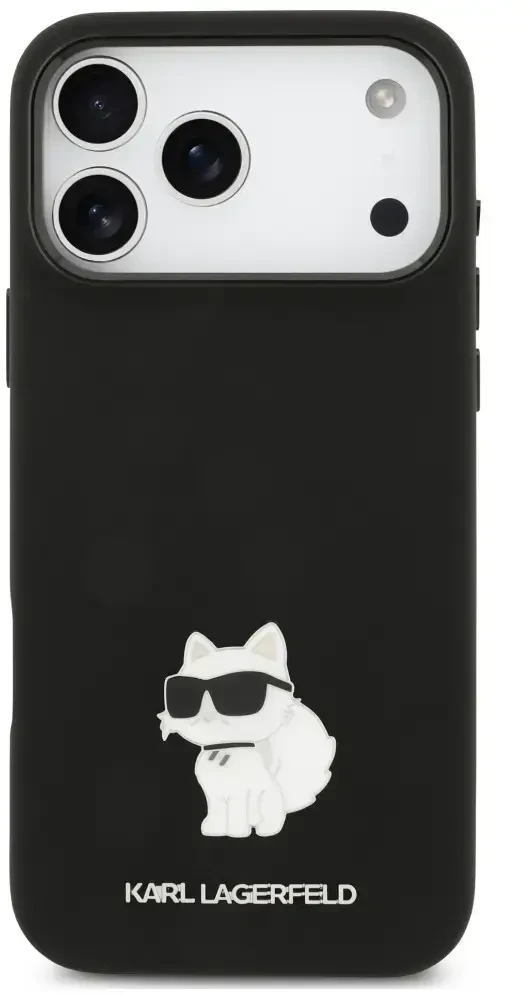Dėklas Karl Lagerfeld Silicone Choupette Metal Pin iPhone 18 Pro Max / 17 Pro Max juoda